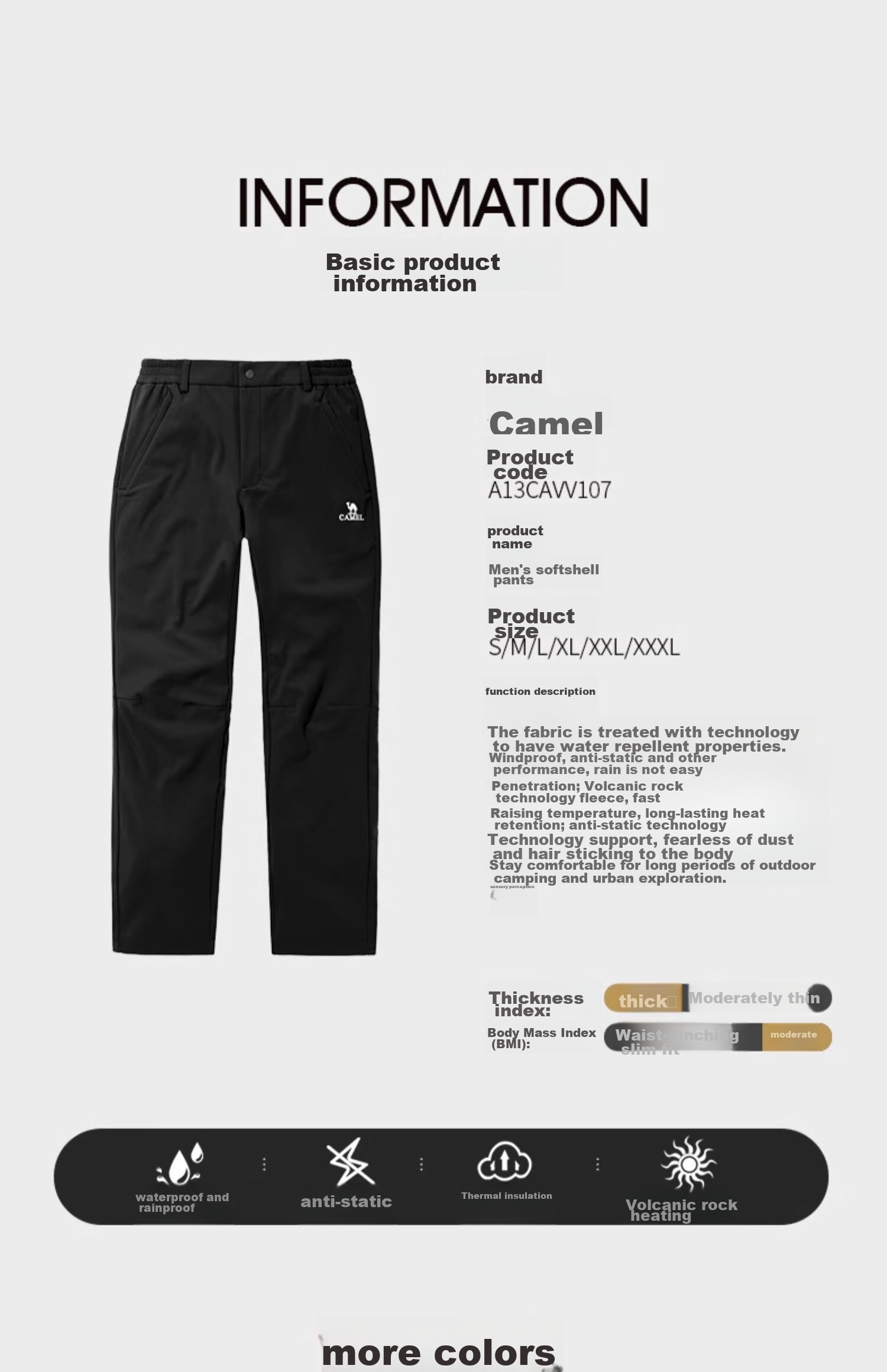 CAMEL Outdoor Softshell Pants, Windproof And Waterproof, Fleece-Lined Hiking Trousers for Women And Men | Volcanic Rock Heat Generation A13CAVV107 8