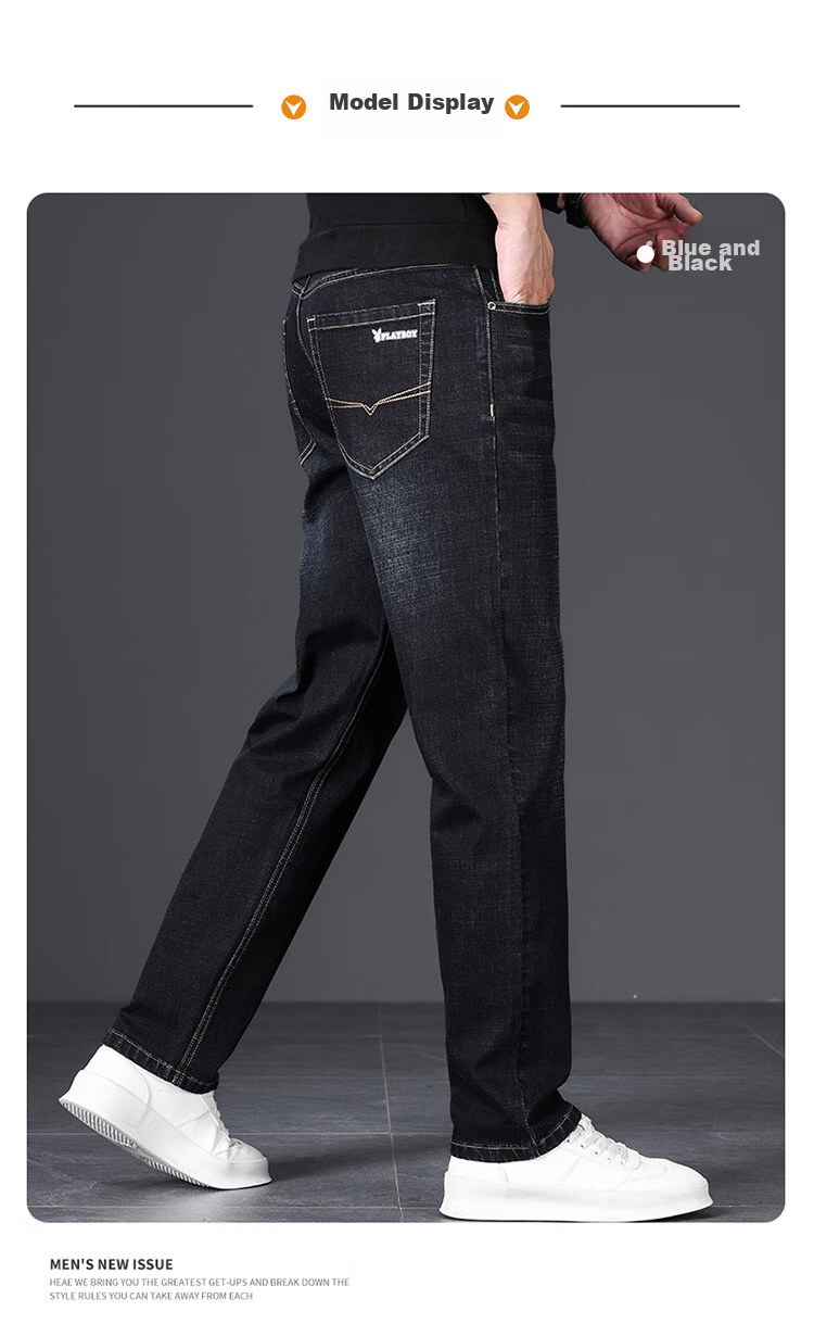 PLAYBOY Jeans for Men, Autumn Casual Pants, Loose Straight-Leg Trendy Menswear Trousers, Dark Blue, Size 32 8