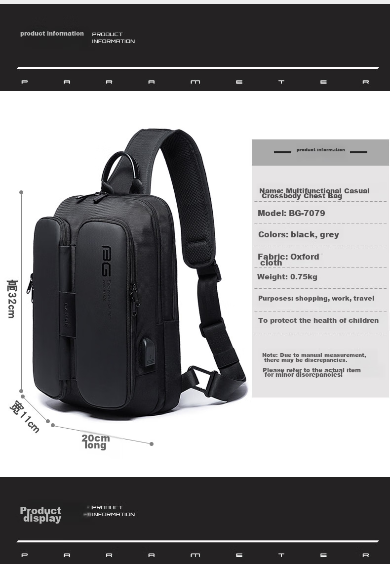 Bange Chest Bag for Men, Travel Shoulder Bag, Business Casual, Multi-Compartment, Large Capacity, Versatile, 11-Inch Tablet Crossbody Bag, Black 12