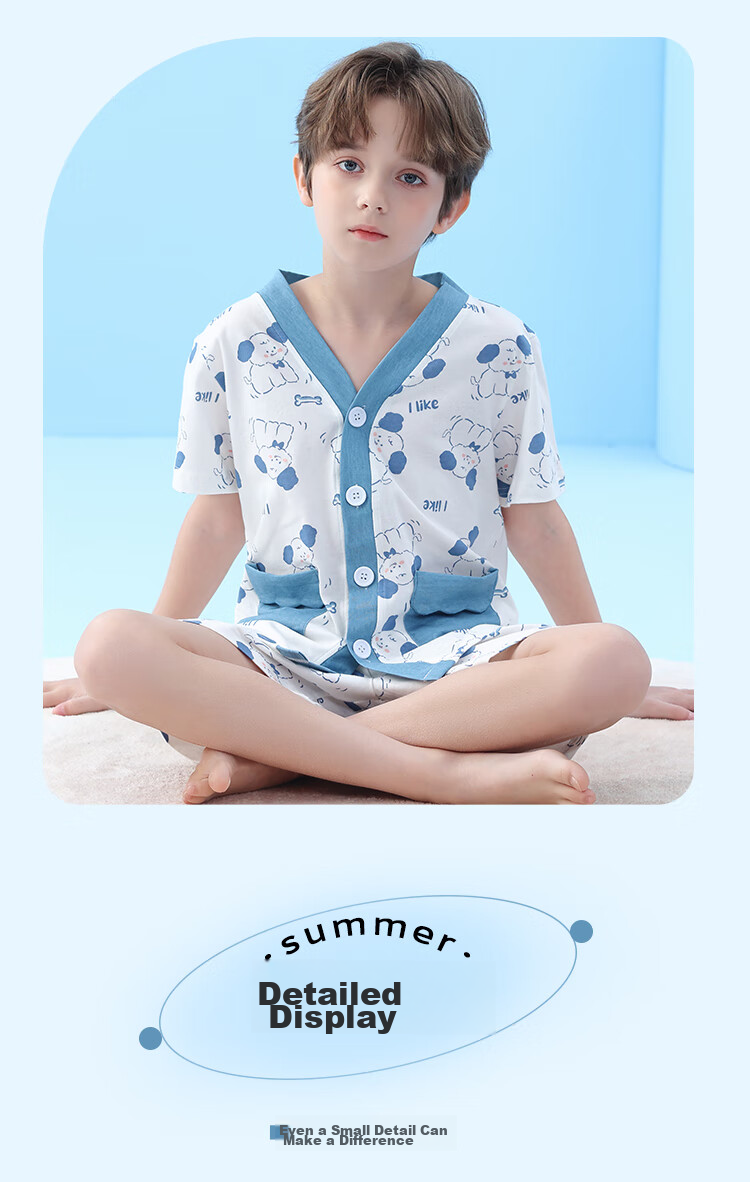 LangSha Children's Pajamas, Boys' Summer Thin V-Neck Short-Sleeve Set, Pure Cotton, Middle School Students' Loungewear Set, Size 120 16