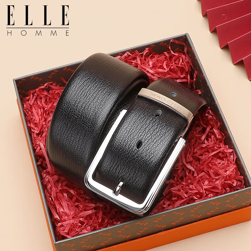 ELLE HOMME Men's Business Leather Belt, Top-Grain Cowhide Pin Buckle Waistband, 304 Stainless Steel Buckle Head, Birthday Gift for Boyfriend