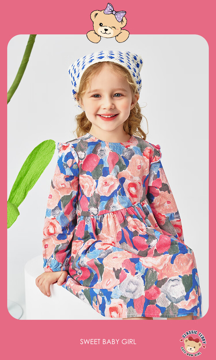 Classic Teddy Girls' Dress, Children's One-Piece Dress, Pure Cotton Princess Dress for Young Children, Floral Long Dress, Pink, Size 110 8