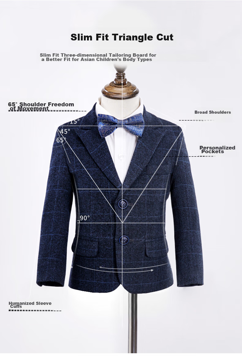 Luomeng Children's Suit Set, Boys' Host Flower Boy Formal Wear for Performances, Blue Plaid Five-Piece Set, Size 170 9