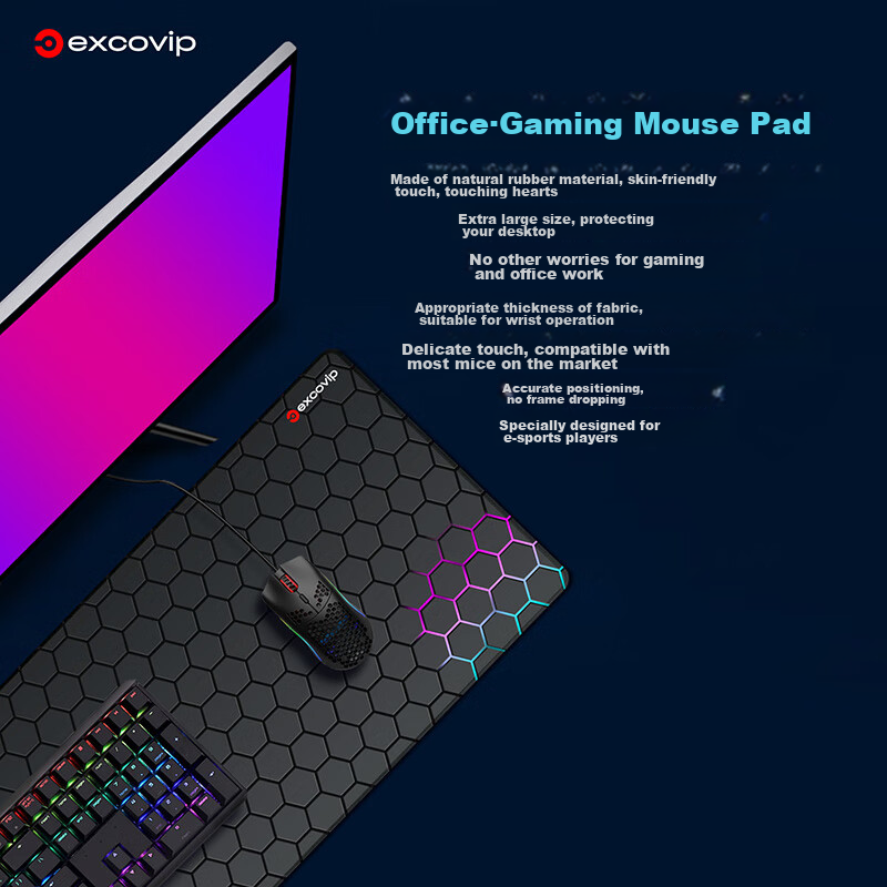 EXCO Mouse Pad, Extra Large Desk Mat, Computer Office Gaming Cartoon Anime Edge-Locked Keyboard Pad, Non-Slip, 800*300mm, Hexagonal Colorful 0258 6