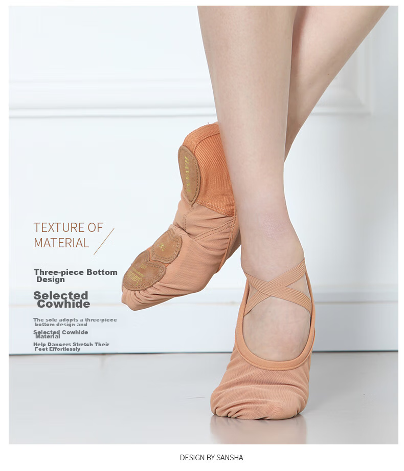 Sansha Adult Ballet Practice Shoes, Elastic Mesh with Leather Sole, Cat Paw Dance Shoes, Breathable Soft Shoes, 357X Meat Size 37 6