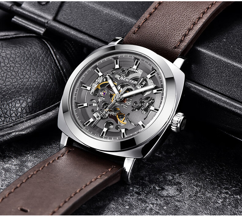 TSAR BOMBA Benyar Youth Trendy Skeleton Mechanical Watch, Student Watch for Men, Casual Sports Leather Strap, Gift for Boyfriend 2
