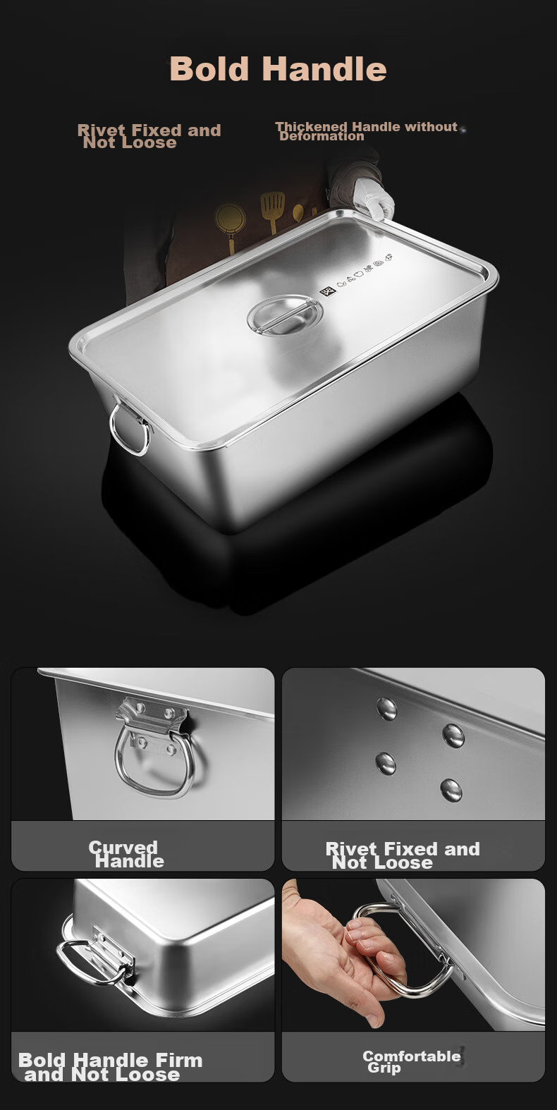 Jinyaoshi Stainless Steel Square Bowl with Handle, Deep And Thick, for Cafeteria Food Serving, GK-FP5035 6