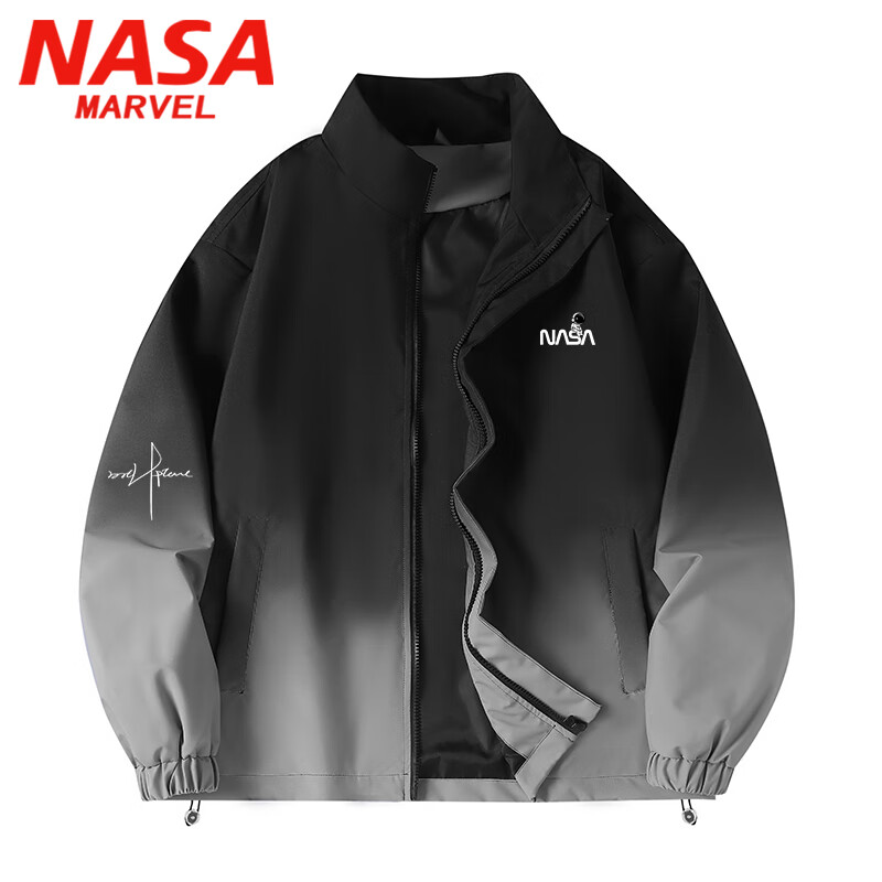 NASA MARVEL Men's Jacket, Spring And Autumn American-Style Stand-Up Collar, Trendy Comfortable Gradient Casual Loose Couple Outfit, Black, L