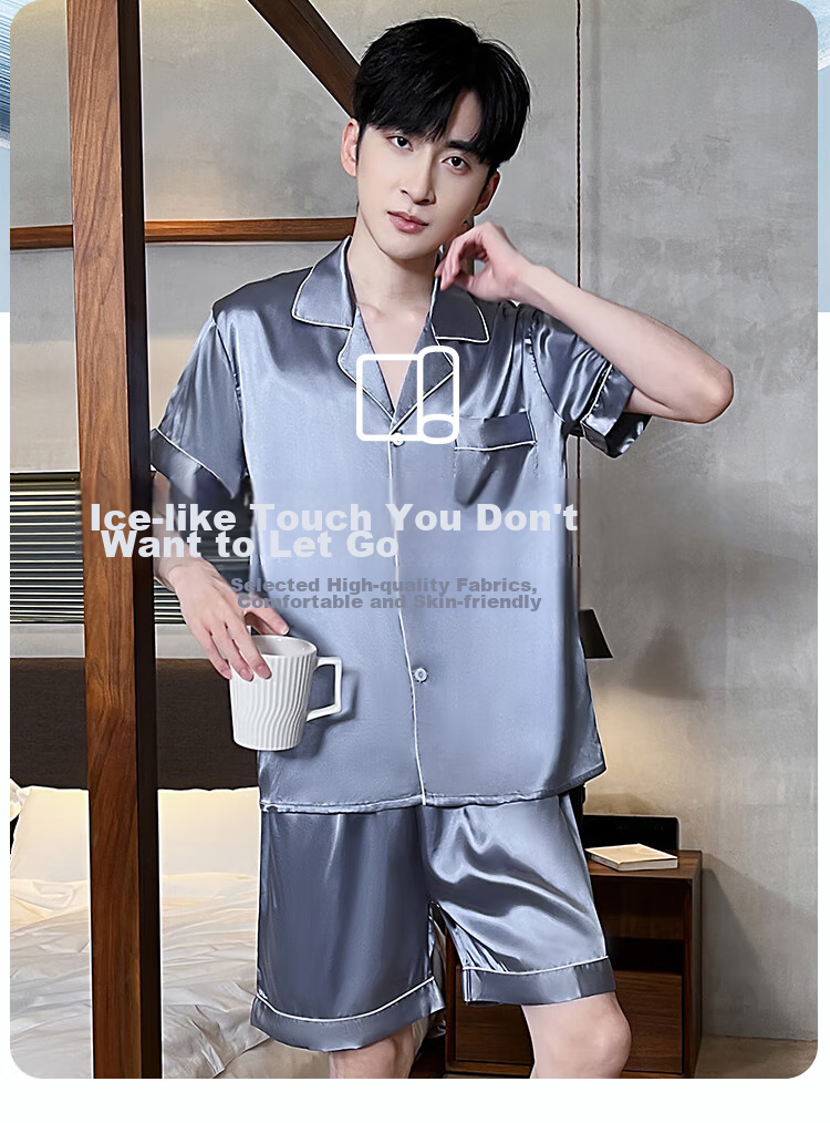 LangSha Men's Summer Pajamas, Ice Silk Short Sleeve Shorts Thin Faux Silk Home Wear Set 3