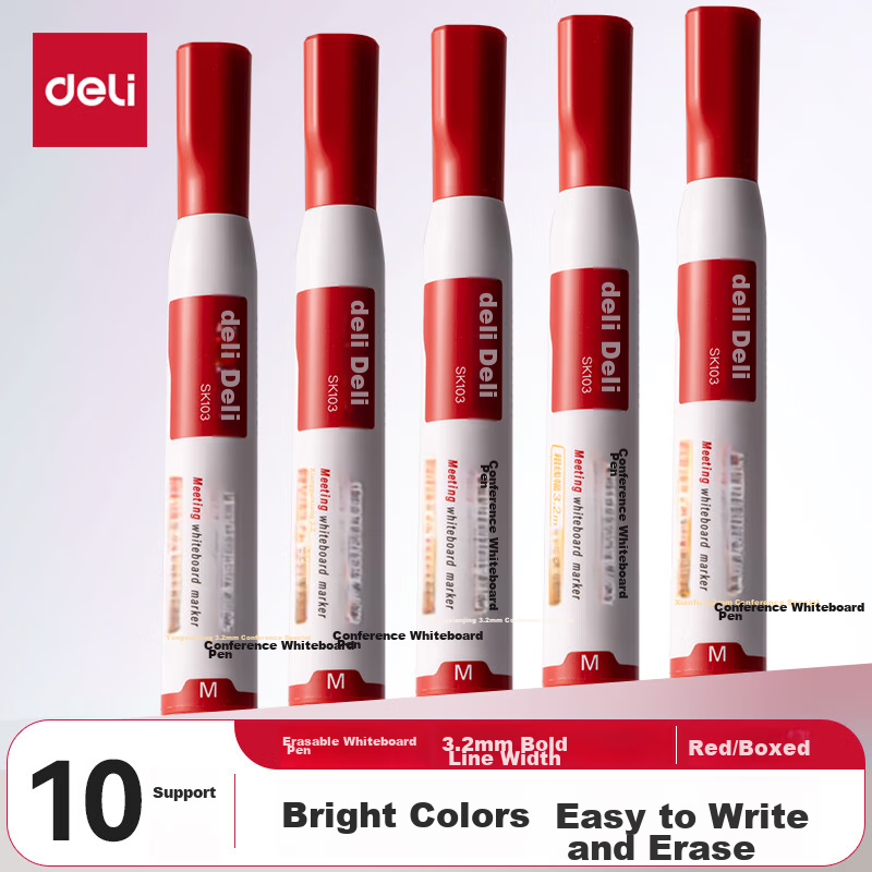 Deli Thick Whiteboard Marker Pen, Bold Line, Erasable, Smooth Writing, Wear-Resistant, for Office, Teaching And Meetings, Red, 10 Pcs/box, SK103
