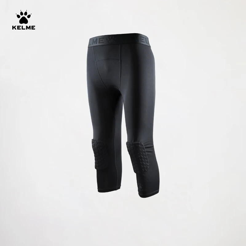 KELME Knee Pads, Basketball Three-Quarter Length Sports Compression Pants for Men, Honeycomb Anti-Collision Leg Guards, Training Base Layer Pants, Black, Size S