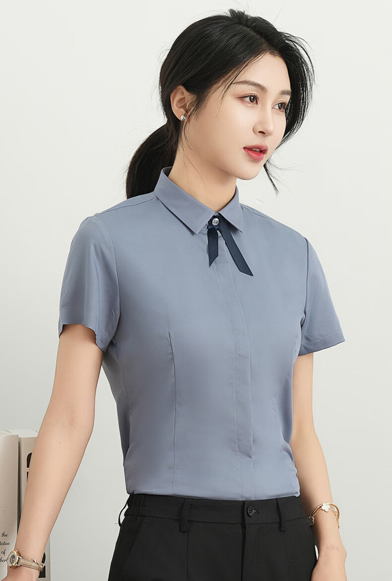 ROMON Cotton Short-Sleeve Shirt for Women, Business Casual Professional Formal Wear, Slim Fit Work Uniform Commuter White Blouse Women's Clothing 4