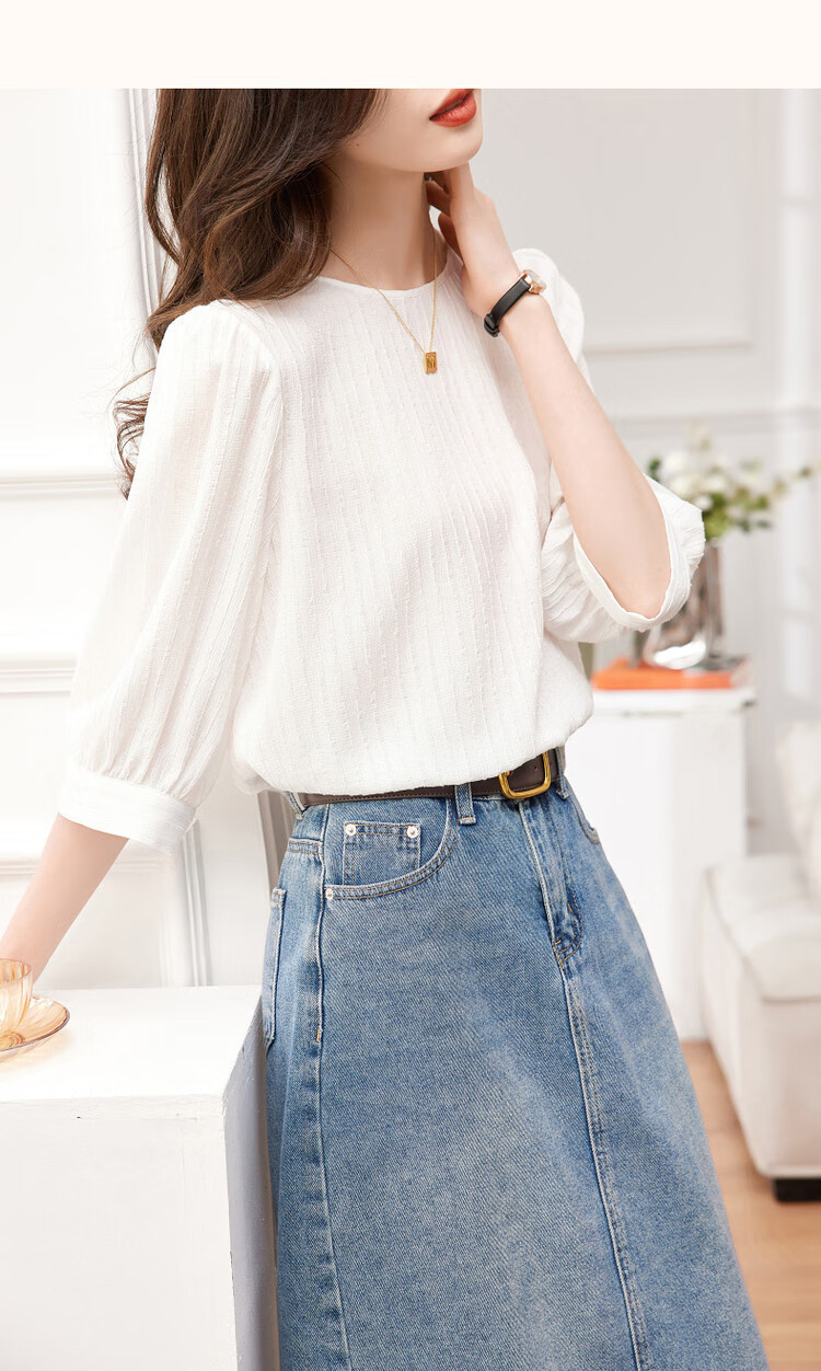 Dme [French Textured Shirt] Summer Commuter Round Neck Lantern Sleeve Blouse Women's Top, Off-White, L 21