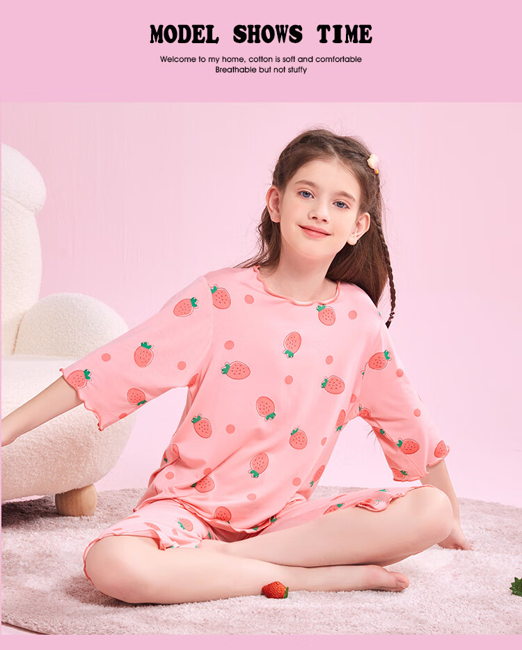 LangSha Children's Pajamas, Girls' Summer Thin Cool Modal Sleepwear Set, Youth Three-Quarter Sleeve Loungewear, Pink, Size 120 10
