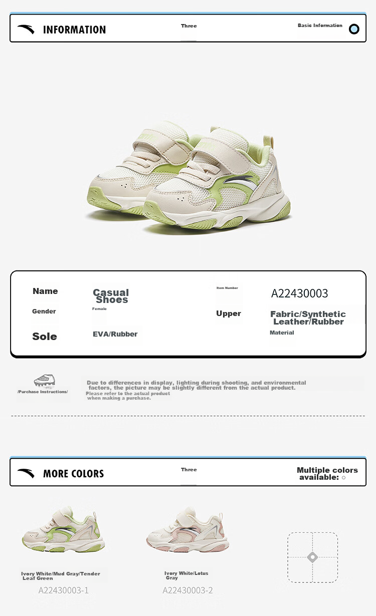 Anta Kids Autumn Sports Shoes Girls Baby Velcro Non-slip Walking Casual Shoes A12430003H 29