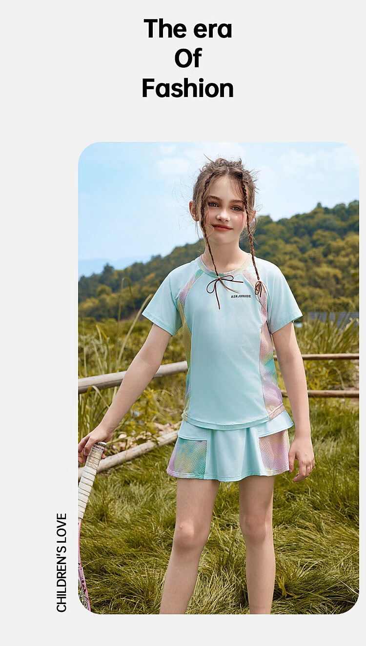 ASK JUNIOR Girls' Sports Set, Summer New Style, Lightweight Breathable Quick-Dry Short-Sleeve Top + Skirt, Ice-Cool Two-Piece Tennis Outfit 28