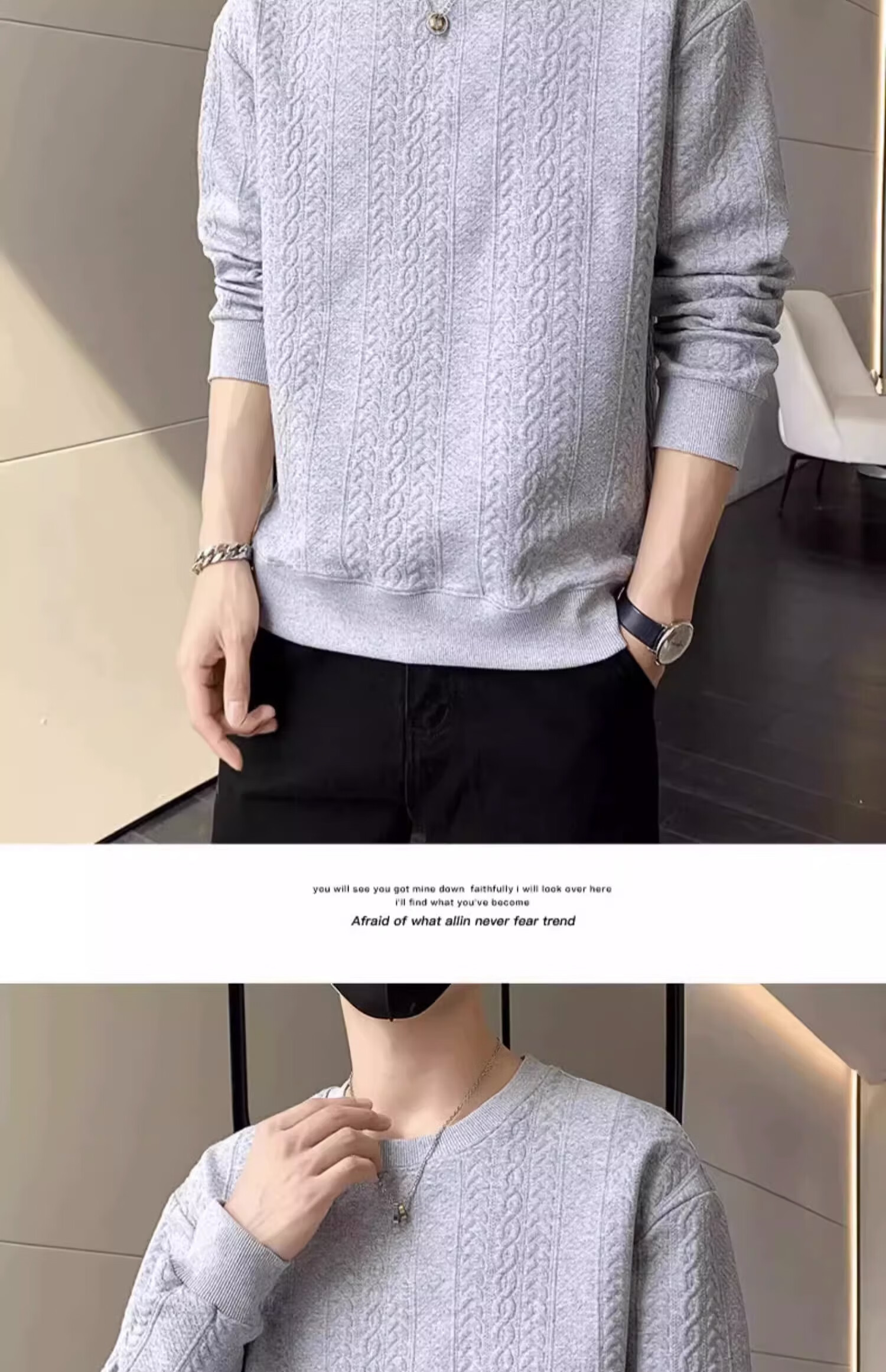 Dingfengbaoluo Men's Long-Sleeve T-Shirt, Spring Versatile Fashion Jacquard Sweatshirt, Loose Trendy Top, JE2221 White XL 12