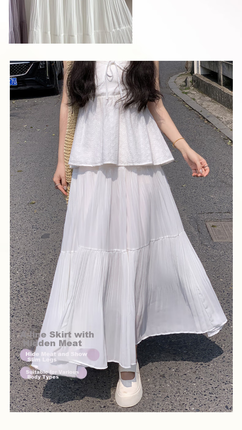BOPRUIEY Pleated Chiffon Skirt for Women, Summer High-Waist Draping Gentle Elegant A-Line White Long Skirt 3