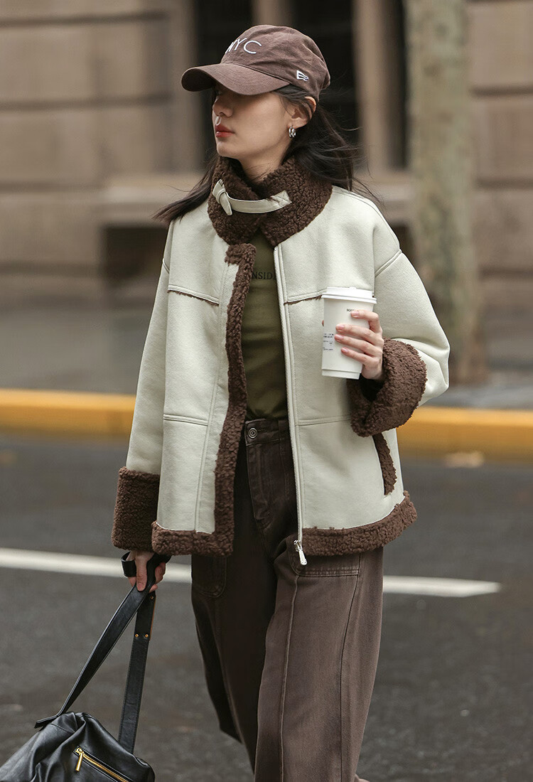 Demana Motorcycle Style Faux Shearling Winter PU Leather Patchwork Personalized Coffee Green Jacket Women Light Pea Green S 4