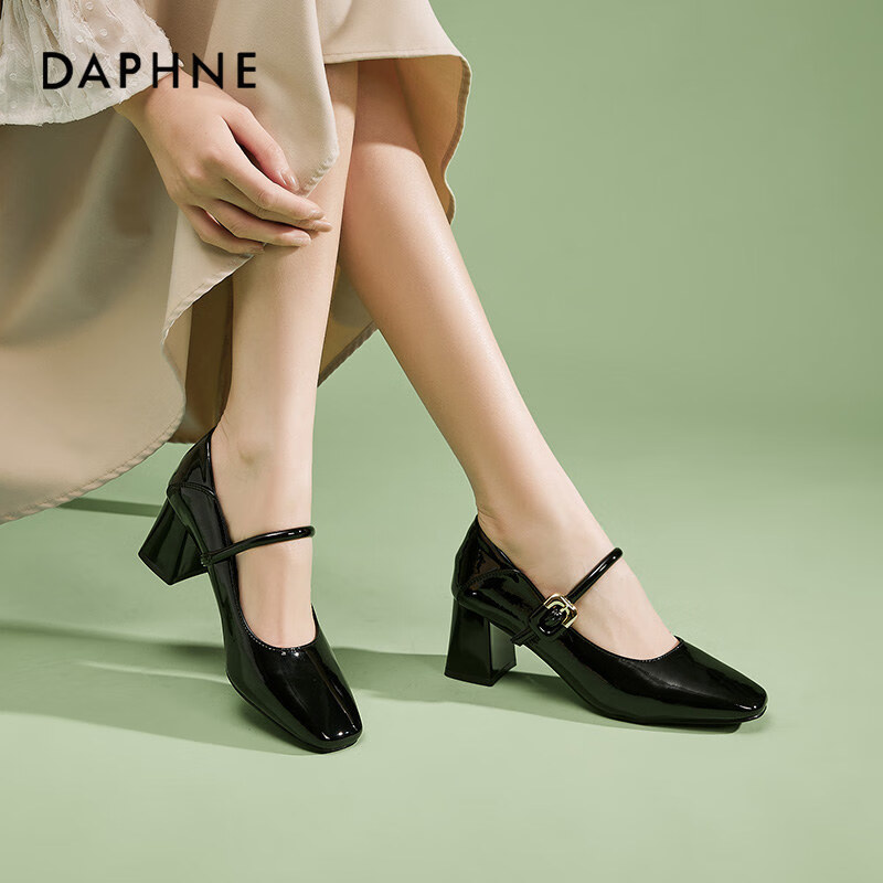 DAPHNE French Mary Jane Shoes for Women, Chunky High Heel with Single Strap, Leather Shoes, Commuter Soft-Soled Flats, Black, Size 35