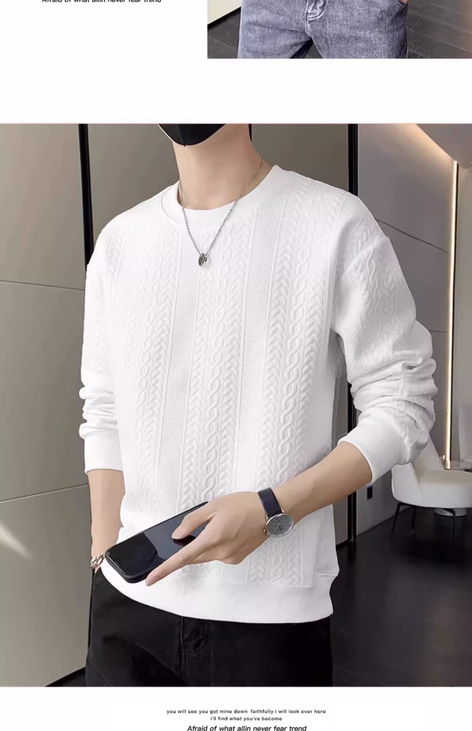 Dingfengbaoluo Men's Long-Sleeve T-Shirt, Spring Versatile Fashion Jacquard Sweatshirt, Loose Trendy Top, JE2221 White XL 16