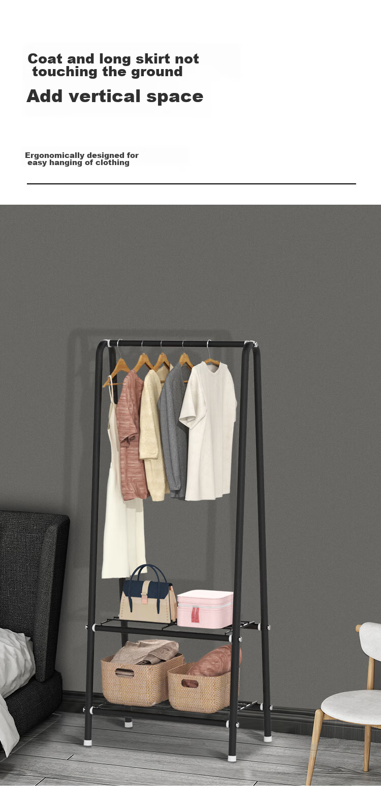 Ourunzhe Clothes Drying Rack, Single Pole Floor-Standing Clothes Hanger, Balcony Drying Rack, Simple Clothes Drying Rack with Double-Layer Storage Shelf, Black 4