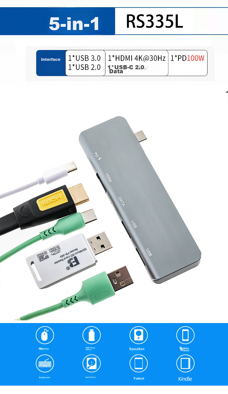 Youlianxing Five-In Type-C Expansion Dock, USB-C to HDMI And USB Hub Adapter, Laptop Converter, 4K60Hz Screen Mirroring Splitter 1