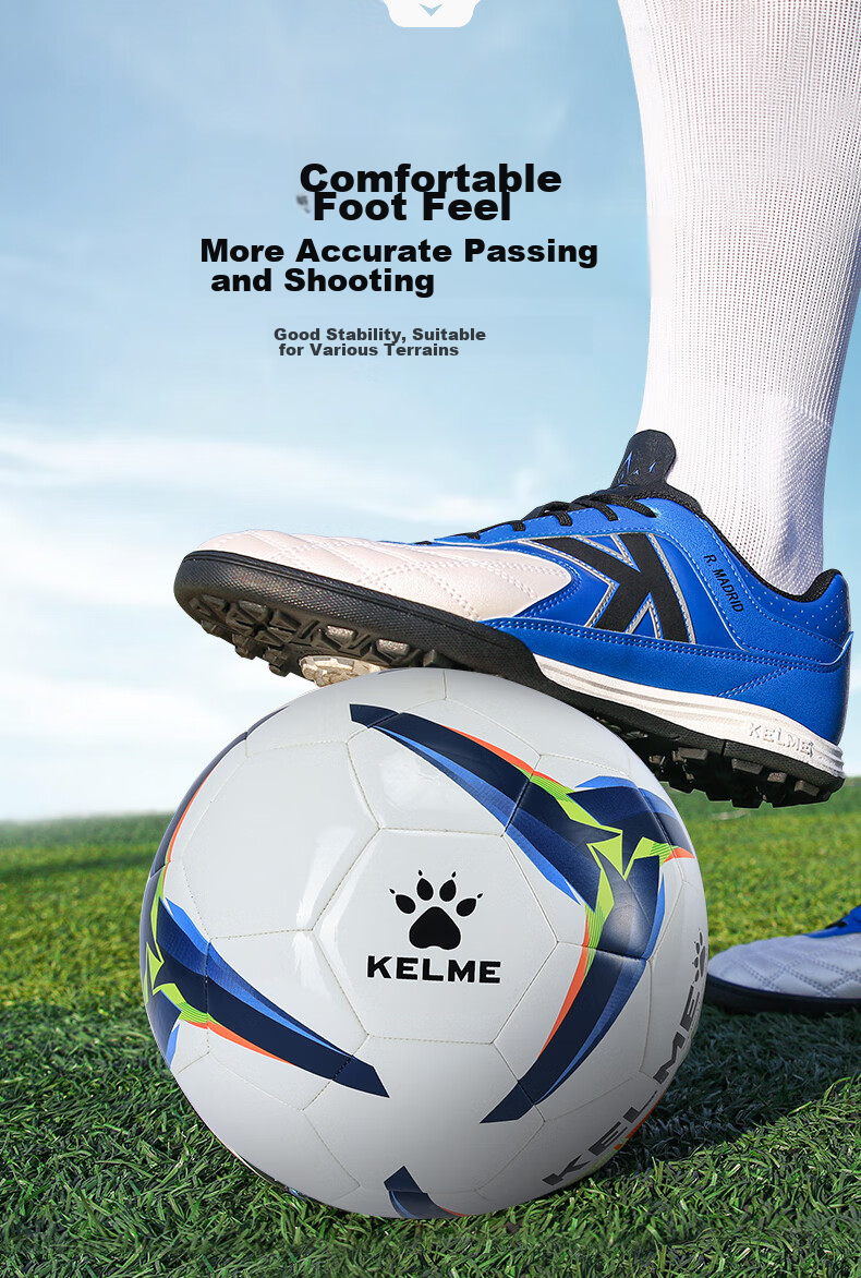 KELME Machine-Stitched Soccer Ball for Training, Matches And Youth Development, Adult Standard Size 5 Ball, White with Blue Trim, Size 5 3