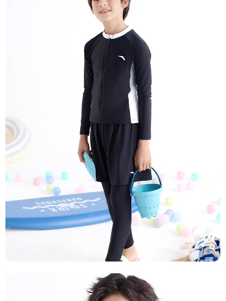 ANTA Children's Two-Piece Swimsuit, 2024 Summer New Style, Boys' Swimwear, Square-Leg Swim Trunks, Long-Sleeve Hot Spring Bathing Suit, Blue, Size 130 17