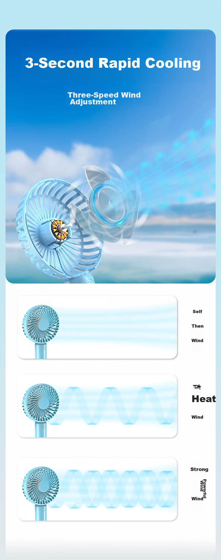 Calayo Handheld Mini Fan Desktop Neck Hanging Long Battery Life Foldable Portable Rechargeable High-Speed Low Noise Outdoor Office Student Dorm Small Fan 3600 Blue 6