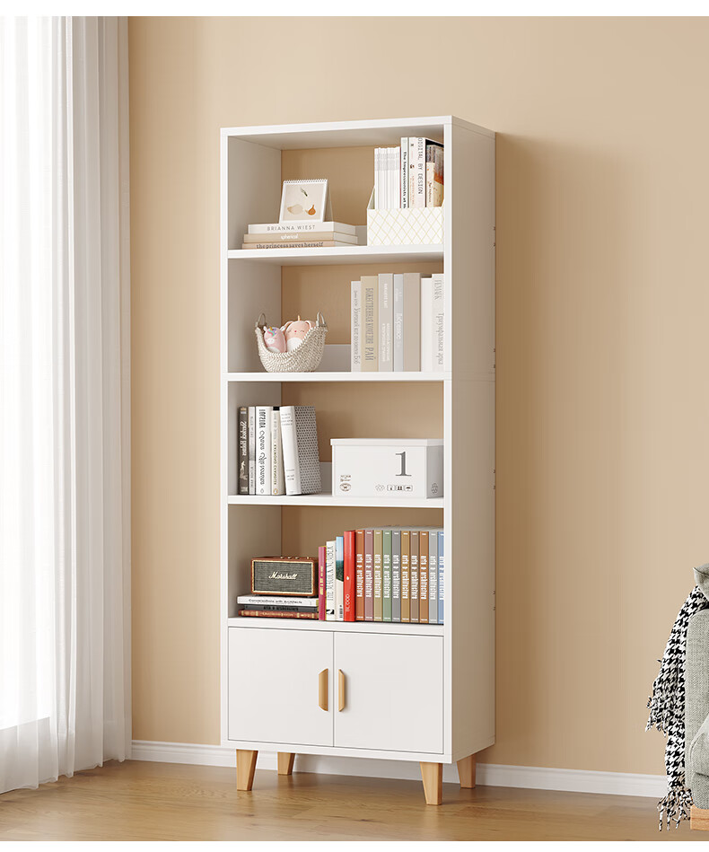 KULIN Bookshelf Floor Storage Cabinet Book Storage Rack Office File Rack Storage Rack Solid Wood Legs Warm White 3-Tier 8