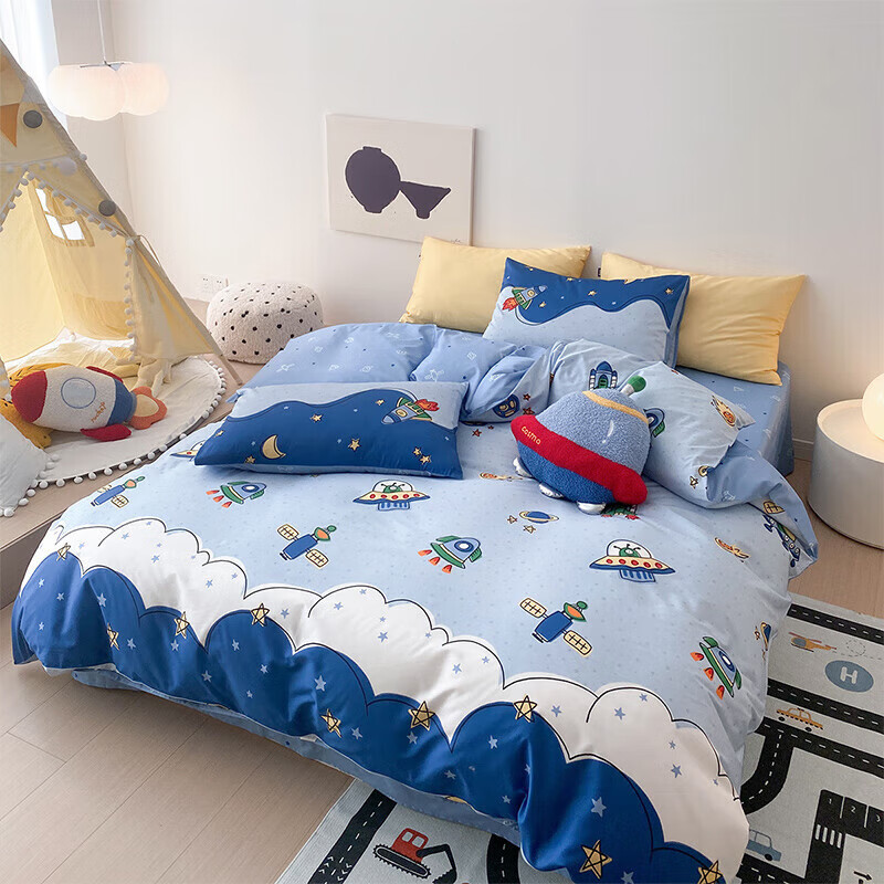Dohia Home Textile Bedding Set of Four Pieces, Pure Cotton Cartoon Bedding Set, Double Duvet Cover And Bed Sheet Set for 1.5m Bed, 203*229cm