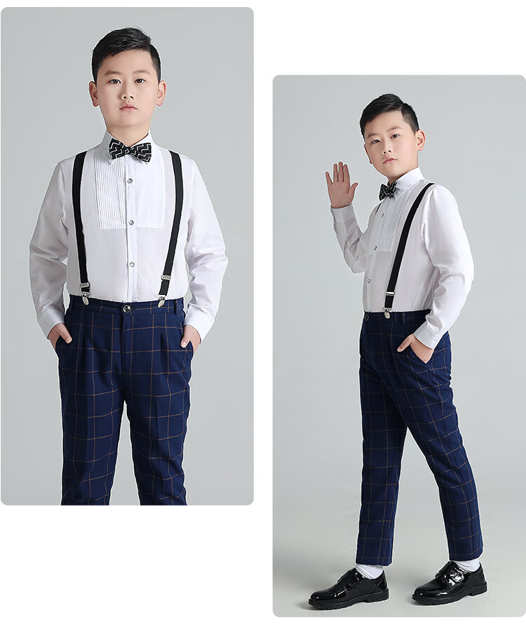 LUOBOBEIBEI Plus-Size Boys' Formal Wear, New Year's Outfit for Older Children, Enlarged Shirt And Suspender Pants, Black Four-Piece Set, Size 150 12
