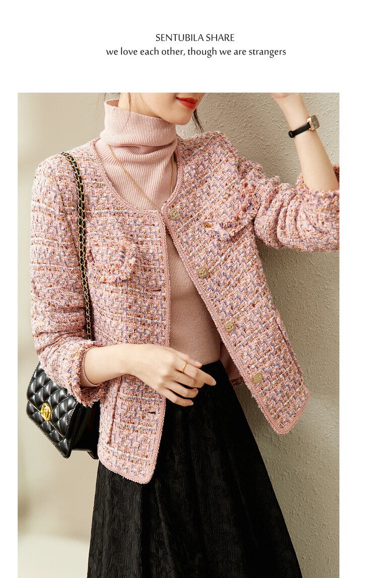 Sentubila Luxury Elegant Little Chanel Style Short Jacket for Women Spring Autumn High-end Youthful Pink Quilted L 11