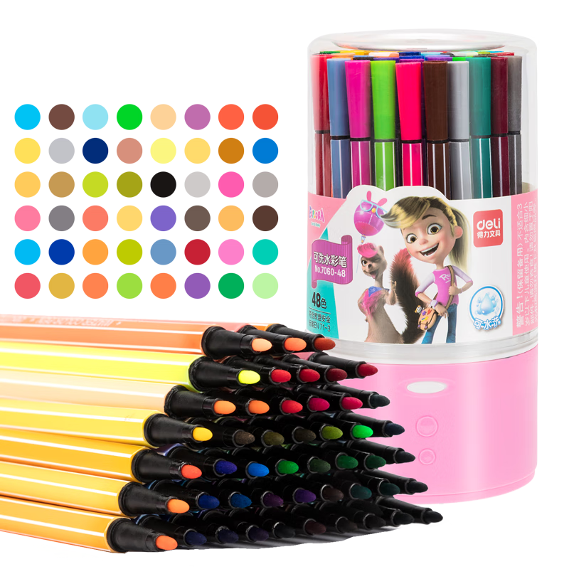 Deli 48 Colors Hexagonal Thin Stems (Pink) Watercolor Markers, Washable for Children's Creative Drawing, Student Painting And Art Doodling, 7060-48 Watercolor Markers, Graduation Gift for Boys And Girls