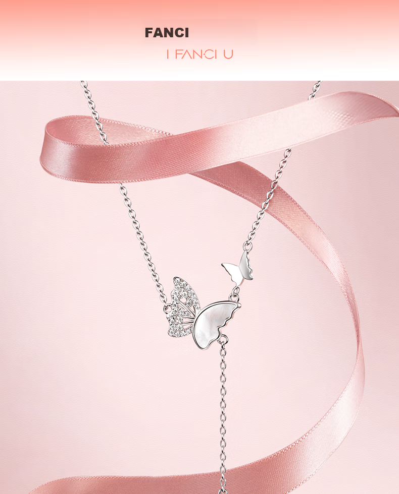 Fanci Light And Shadow Butterfly Necklace for Women, Silver Bracelet, Luxurious High-End Birthday Gift for Girls, Necklace + Bracelet Set 1