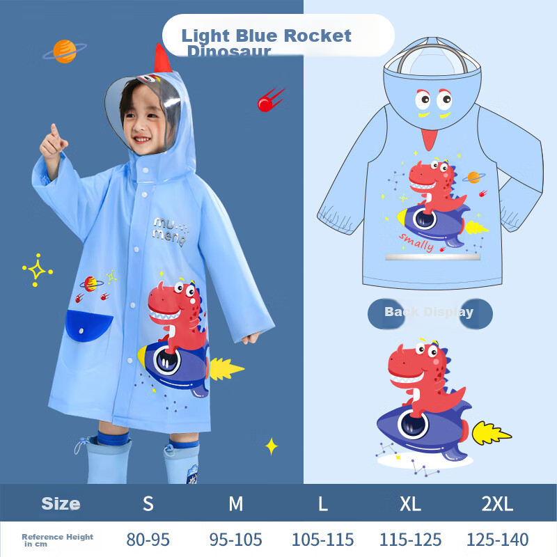 Moremerry Children's Raincoat for Boys And Girls, Kindergarten Kids, Toddlers, Full-Body Waterproof Poncho for Boys, Rocket Dinosaur Design, XL Size