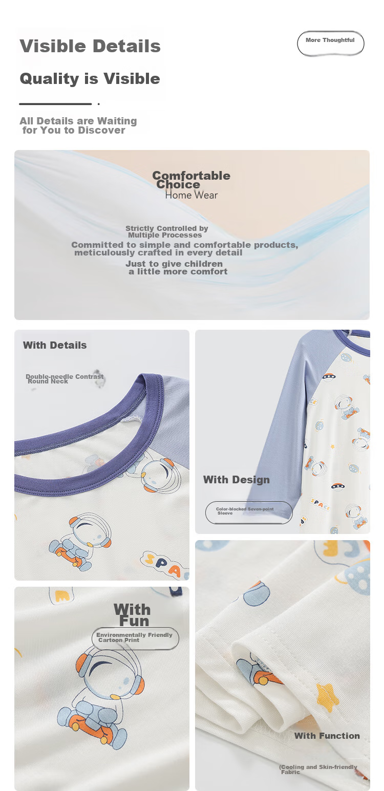 Hodo Children's Summer Thin Pajamas, Boys' Three-Quarter Sleeve Home Wear Set, Youkesi Air Conditioning Clothes J3309 Gray Blue 130 4