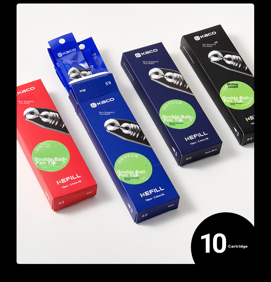 KACO Wensaiya Push-Button Refill 0.5, Gel Pen Refill, Double Ball Quick-Drying, Black, Pack of 10 17