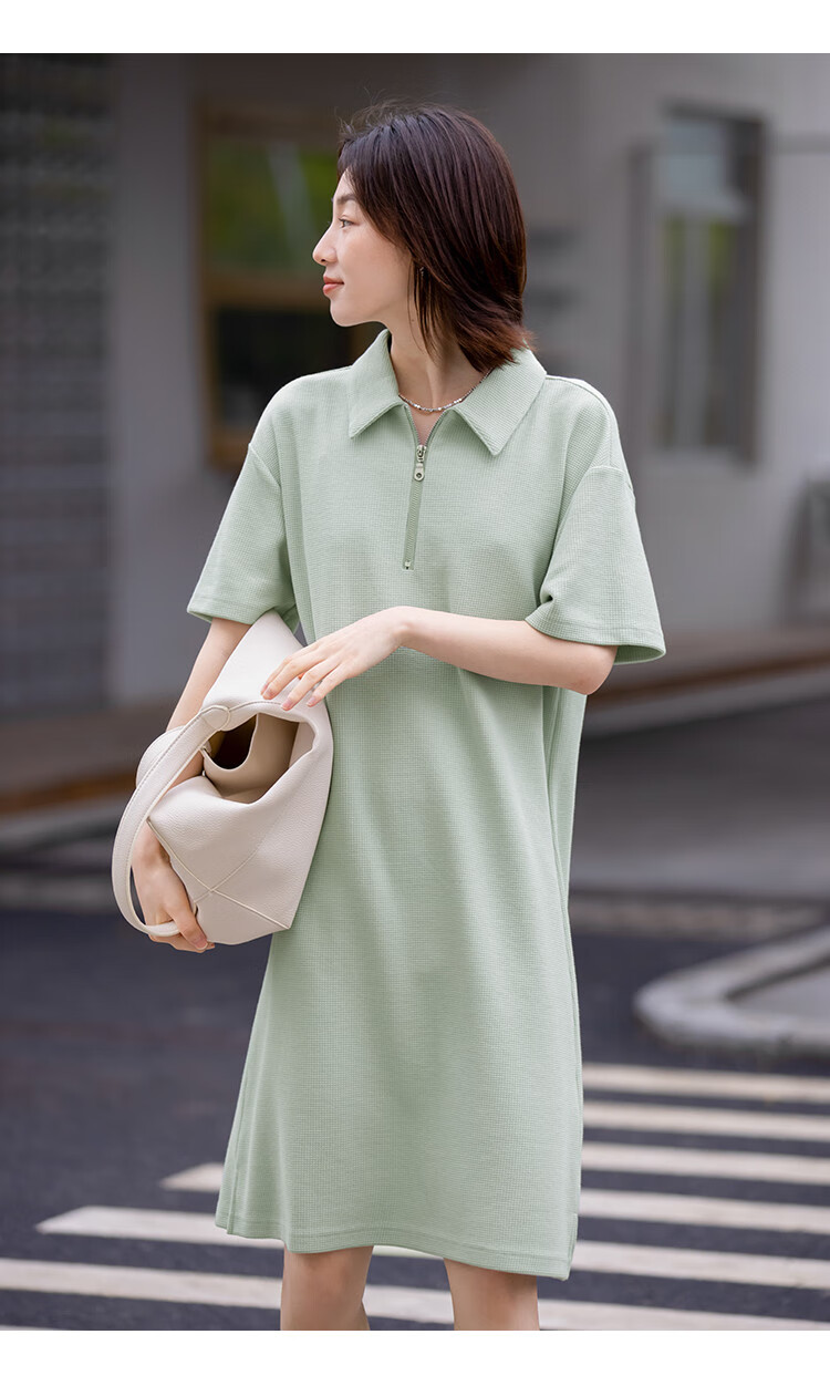 Dme [Waffle Skirt] Summer Polo Collar Zipper Short-Sleeve Waffle Dress 10
