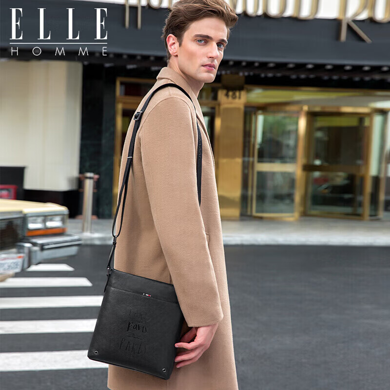 ELLE HOMME Business Men's Shoulder Bag, Top-Grain Leather Fashion Crossbody Bag, Large Capacity Vertical Men's Bag 01941 Black Birthday Gift for Boyfriend