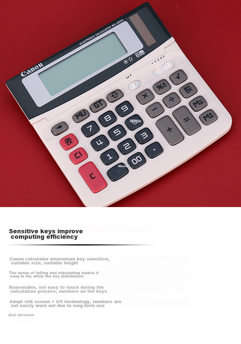 Canon WS-220H Calculator, 12-Digit Display, White, Dual Power Supply, High Precision, for Student Exams And Office Use, Adjustable Screen, Business Portable 8