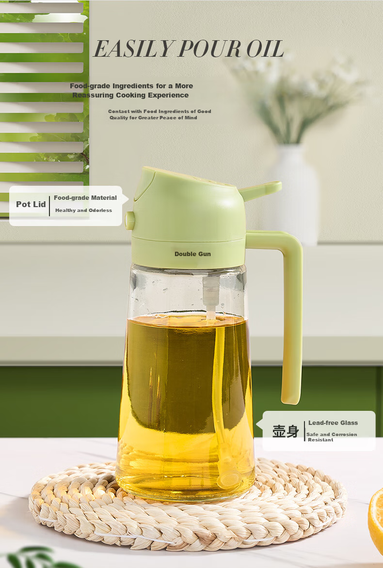 Suncha Oil Dispenser, Oil Pouring And Spraying All-In Glass Oil Bottle for Cooking Oil, Kitchen Use, Non-Drip, Olive Gree 9