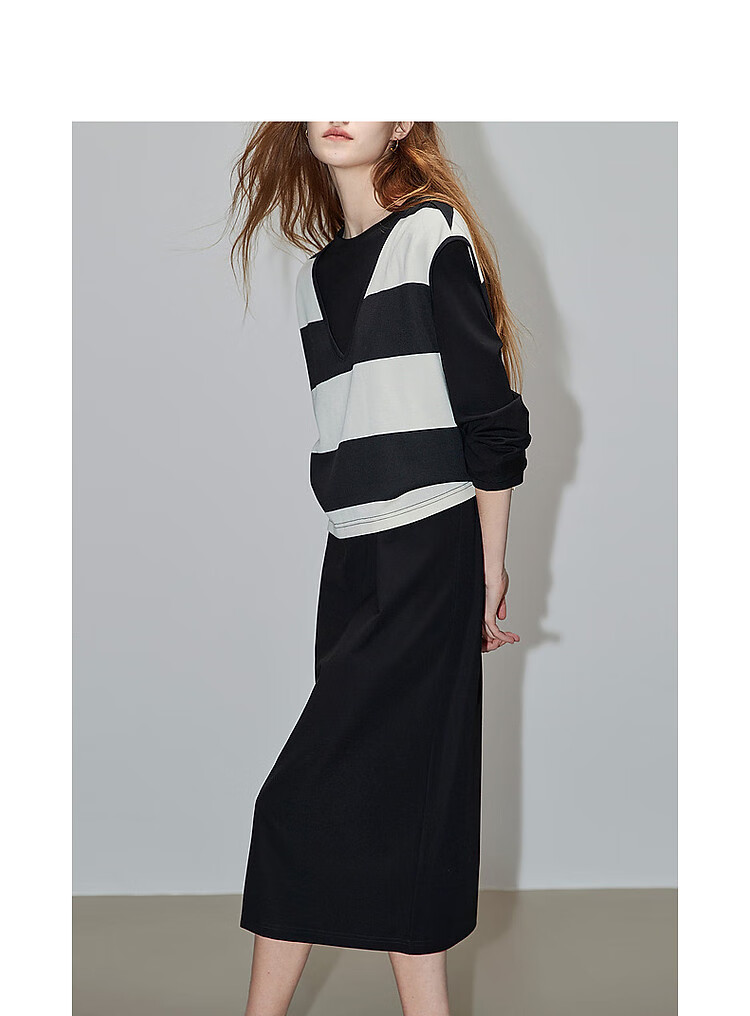 Dme [Laziness Casual Outfit] Spring And Autumn New Fashion Draping Roman Fabric Dress, Box-Shaped Striped Vest Two-Piece Set 4