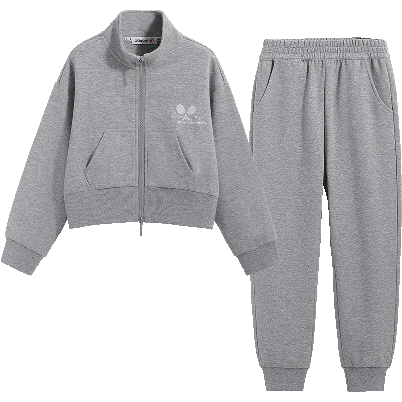 QQ DUCK Children's Clothing Set Girls' Cardigan Jacket And Pants Student Sportswear Tennis Outfit Gray; 165