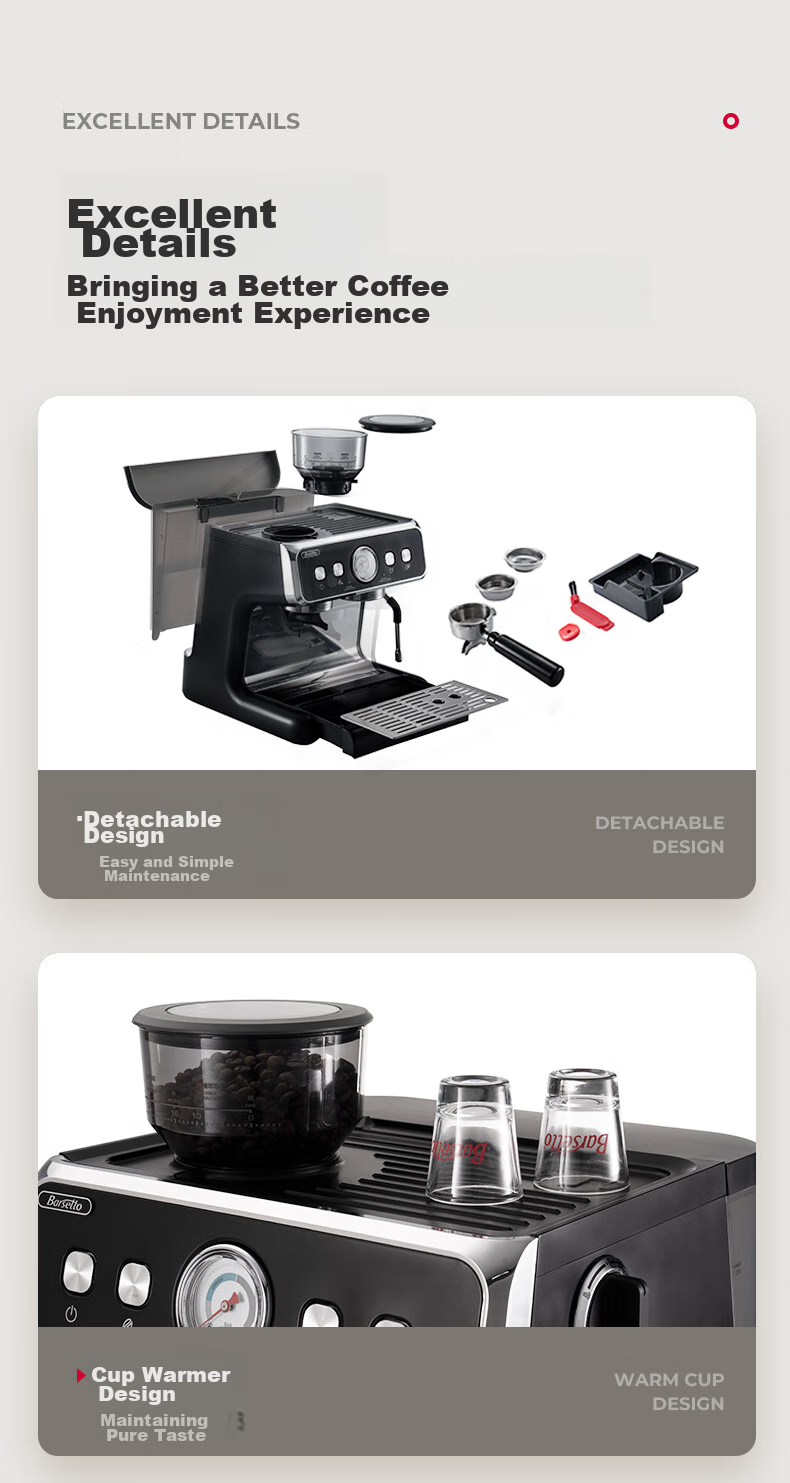 Barsetto [Mid-Autumn Festival Gift] Coffee Machine for Home And Office, Small Semi-Automatic Italian Grinding All-In Steam Milk Frother with Dual Pumps And Dual Heating, Bean Grinder BAE01 Black 18