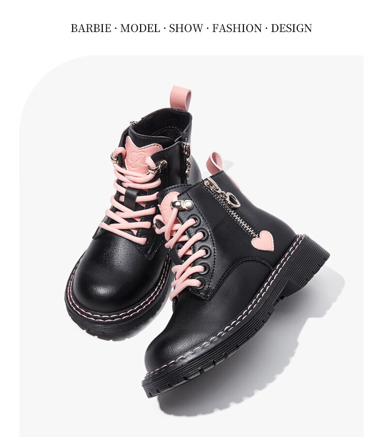 Barbie Kids Spring and Autumn Single-Lined Children's Boots Girls Martin Boots Fashion Short Leather Boots DA5085 Black Size 35 4