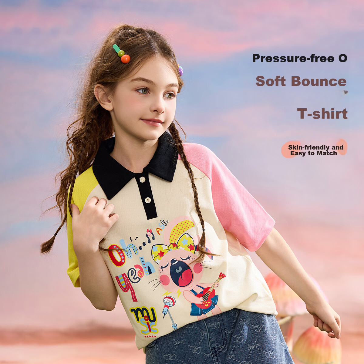 ASK JUNIOR Children's Thin Summer T-Shirt, Breathable Color-Block Sweet Casual Short-Sleeve Top for Girls, Beige 1
