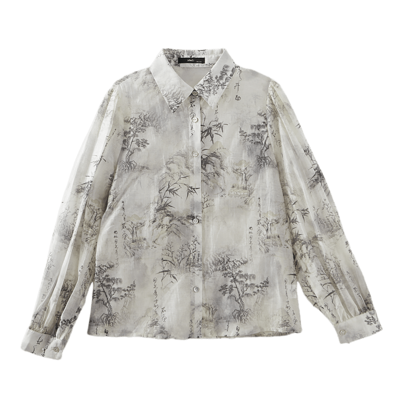 Dme [Tiansi Lianren] Autumn Chinese Style Light Thin Lyocell Blend Shirt, Printed Pleated Blouse, Women's Top