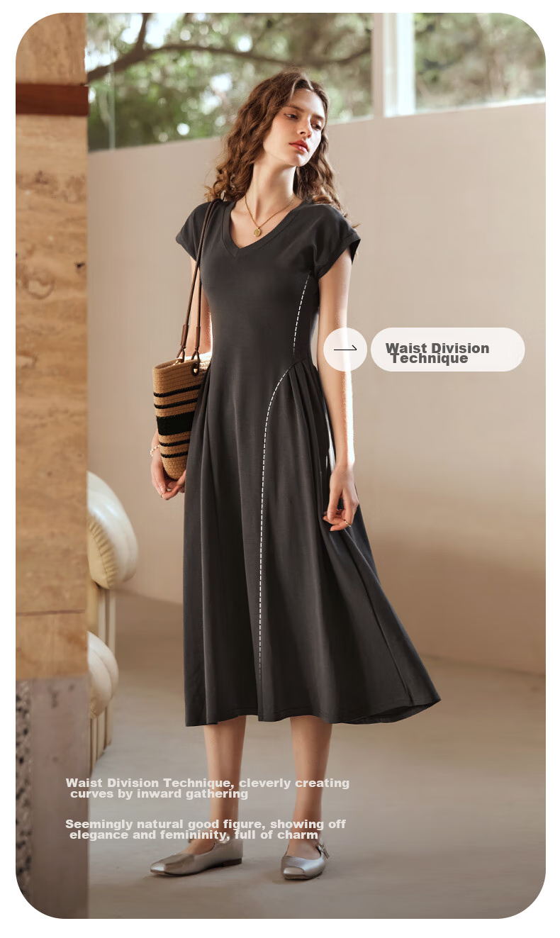 Olrain French-Style Elegant V-Neck Dark Gray Dress for Women, Summer Waist-Cinching A-Line Hem Audrey Hepburn Style, Dark Gray, Size L 4